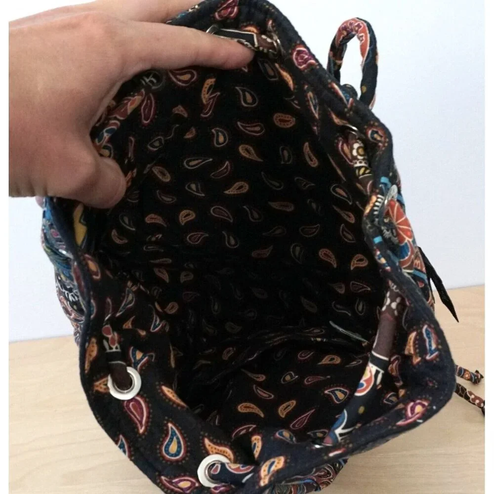 VERA BRADLEY Black Blue Yellow Quilted Floral Drawstring Cinch Backpack